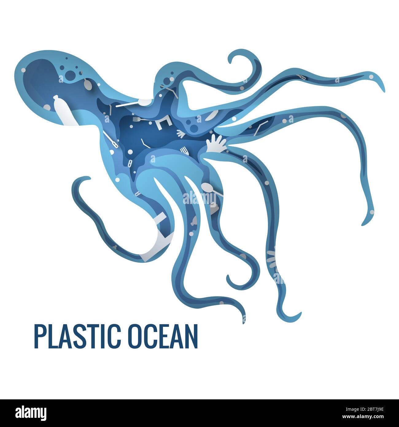 Testo - plastica oceano. Illustrazione vettoriale del concetto di inquinamento dei pianeti di plastica. Polpo, seppie marine profilo riempito con plastica rifiuti icona 3d Illustrazione Vettoriale