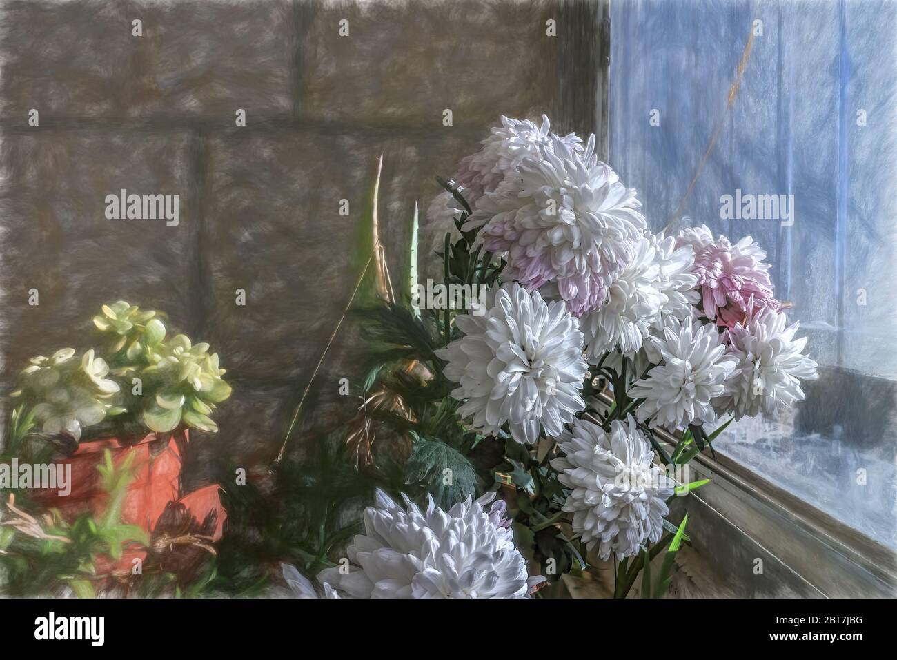 Illustrazione- Primavera Floral sfondo, design. Banner Creative Flowers.Web. Bel sfondo blu natura. Foto Stock