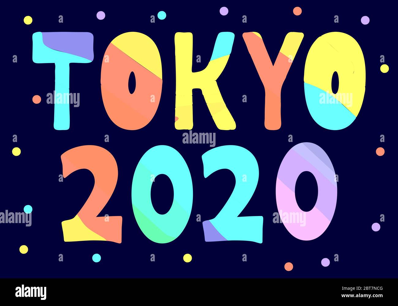 Tokyo 2020 - cartoni animati multicolore isolati iscrizione. Tokyo è la capitale del Giappone. Per striscioni, poster, souvenir e stampe su abbigliamento. Illustrazione Vettoriale