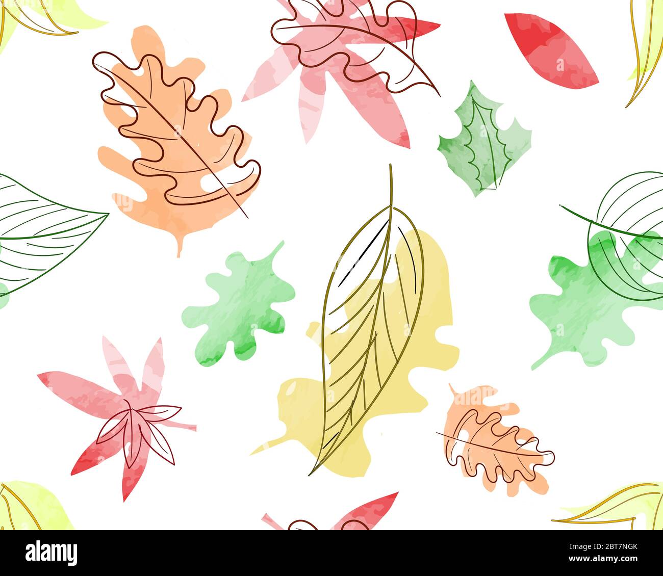 Senza cuciture Watercolor autunno natura motivo texture con foglie di albero rosso, giallo e verde su sfondo bianco. Stagione carta da parati Illustrazione Vettoriale