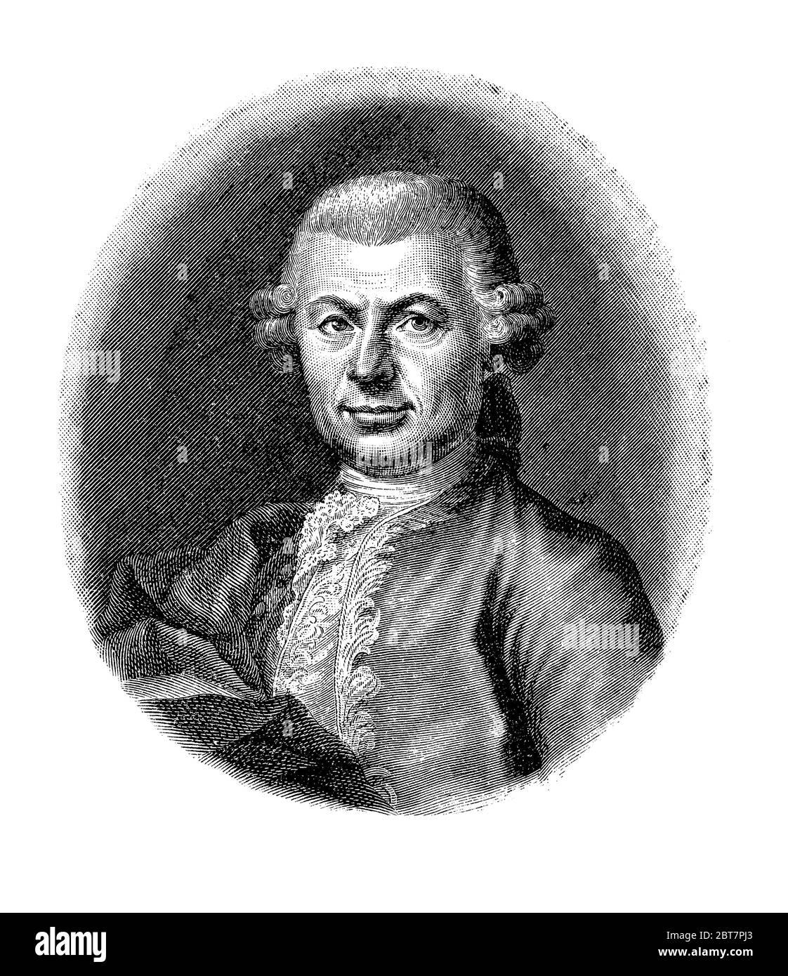 Ritratto di incisione del conte Carlo Gozzi (1720 - 1806) drammaturgo italiano di Venezia, riuscito ad introdurre elementi soprannaturali e mitici alla Commedia italiana dell'arte per scopi satirici. Foto Stock