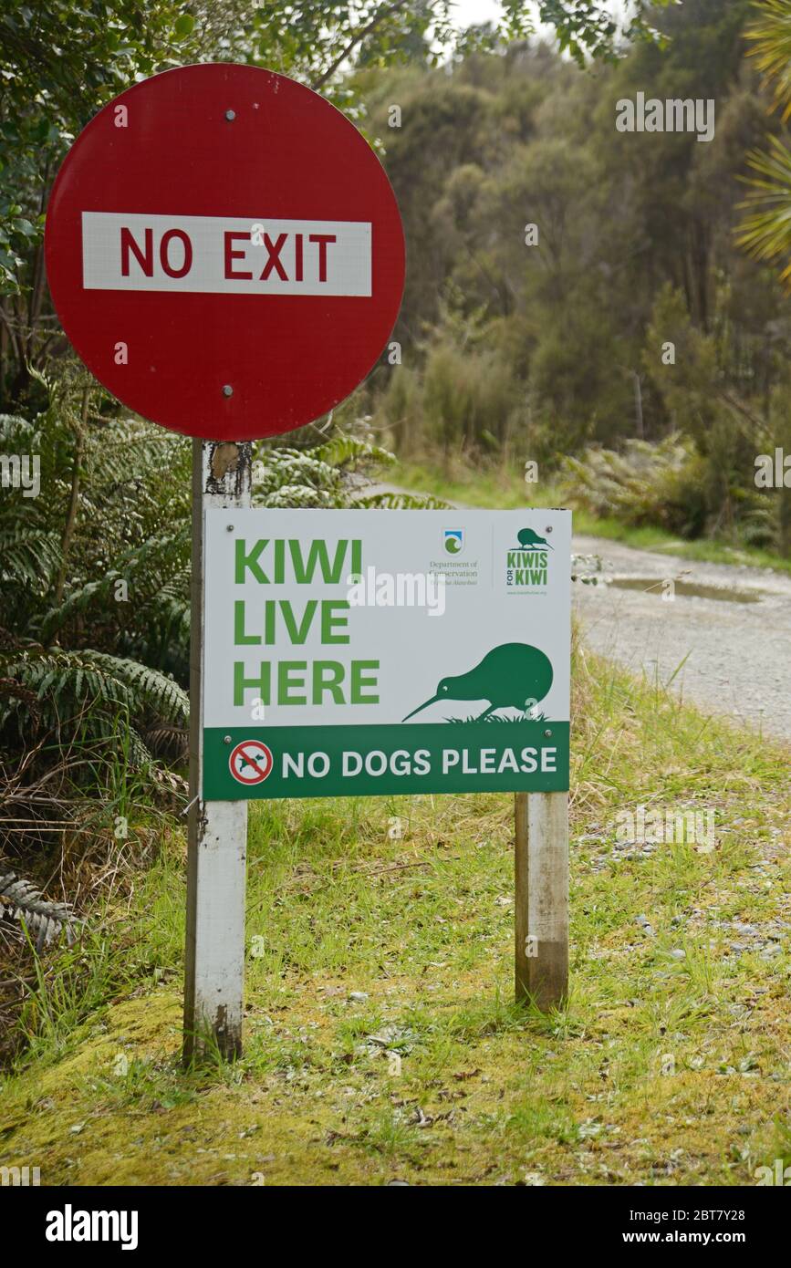 OKARITO, NUOVA ZELANDA, 5 OTTOBRE 2019: Un cartello stradale avverte i conducenti di prestare attenzione al Kiwi mentre si dirigono verso Okarito, nell'Isola del Sud della Nuova Zelanda Foto Stock
