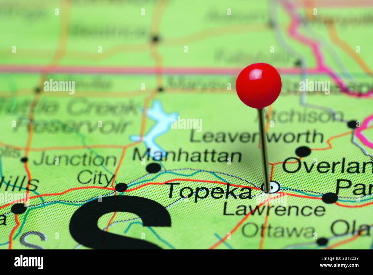 Topeka è stato puntato su una mappa di Kansas, Stati Uniti Foto Stock