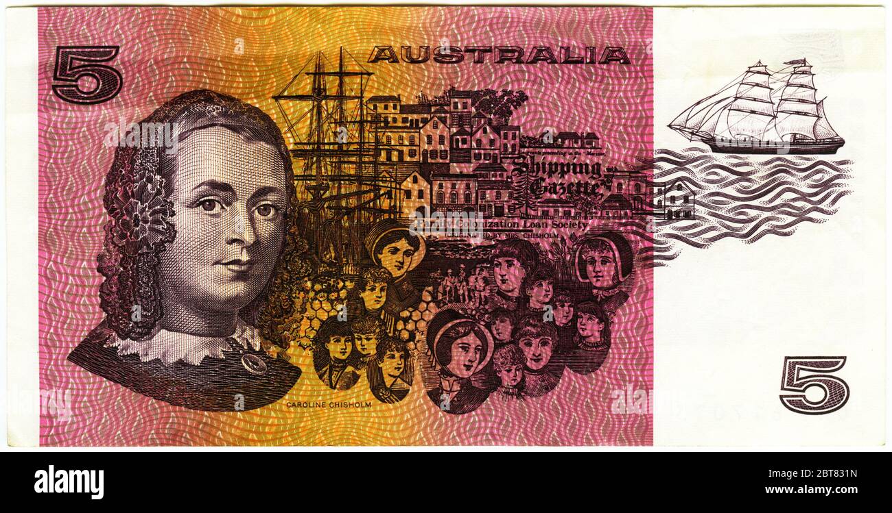 Ritratto di Caroline Chisholm sulla vecchia banconota australiana da 5 dollari. Chisholm (1808 – 1877) è stata una Foto Stock