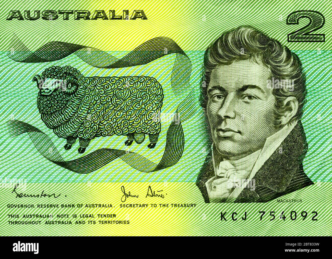 Dettaglio della vecchia banconota australiana da 2 dollari con l'allevatore di pecore John Macarthur. Foto Stock