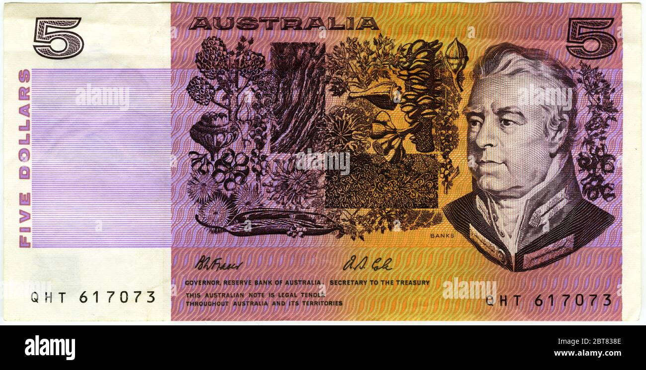 La vecchia nota bancaria australiana da 5 dollari con il botanico Sir Joseph Banks Foto Stock