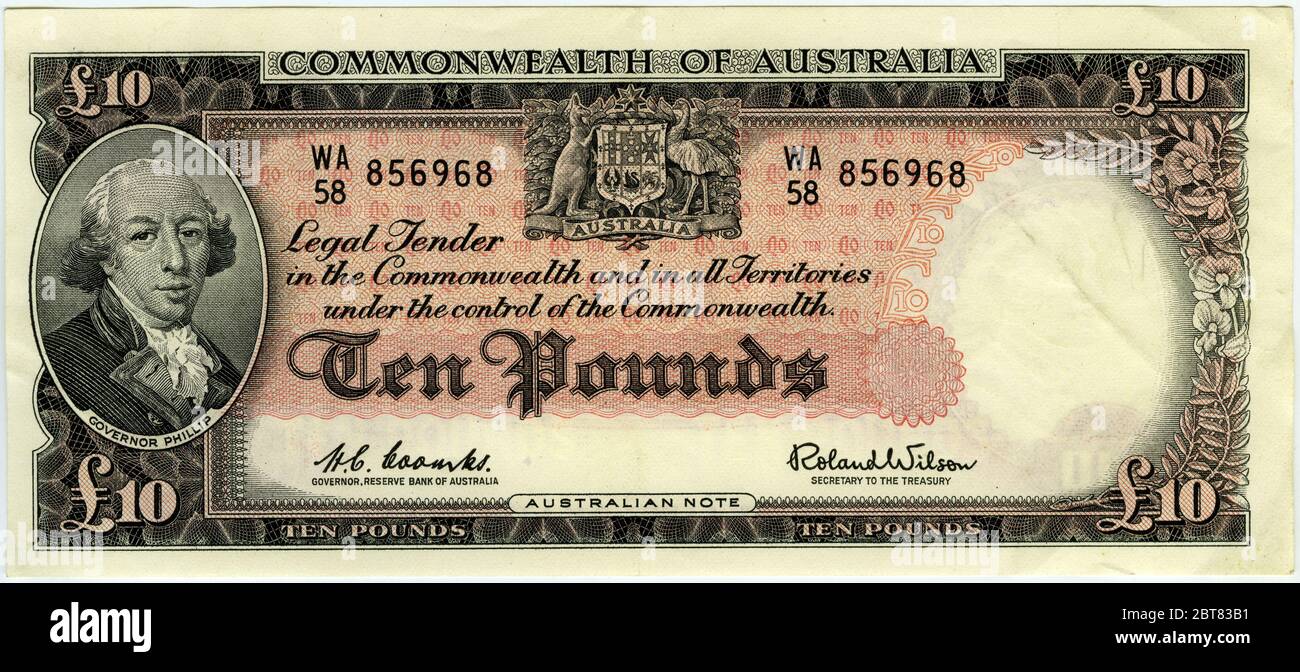 Una nota bancaria australiana da 10 sterline con il governatore Phillip, emessa tra il 1954 e il 1959 Foto Stock