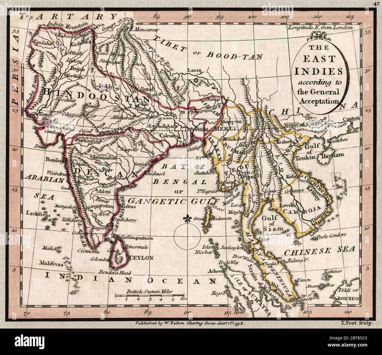 "Le Indie orientali secondo l'accettazione generale". La mappa mostra importanti punti di riferimento del subcontinente indiano al tempo della colonizzazione britannica. Si tratta di una riproduzione di mappe storiche splendidamente dettagliata. Originale da un atlante britannico pubblicato dal famoso cartografo William Faden è stato creato intorno al 1798. Foto Stock