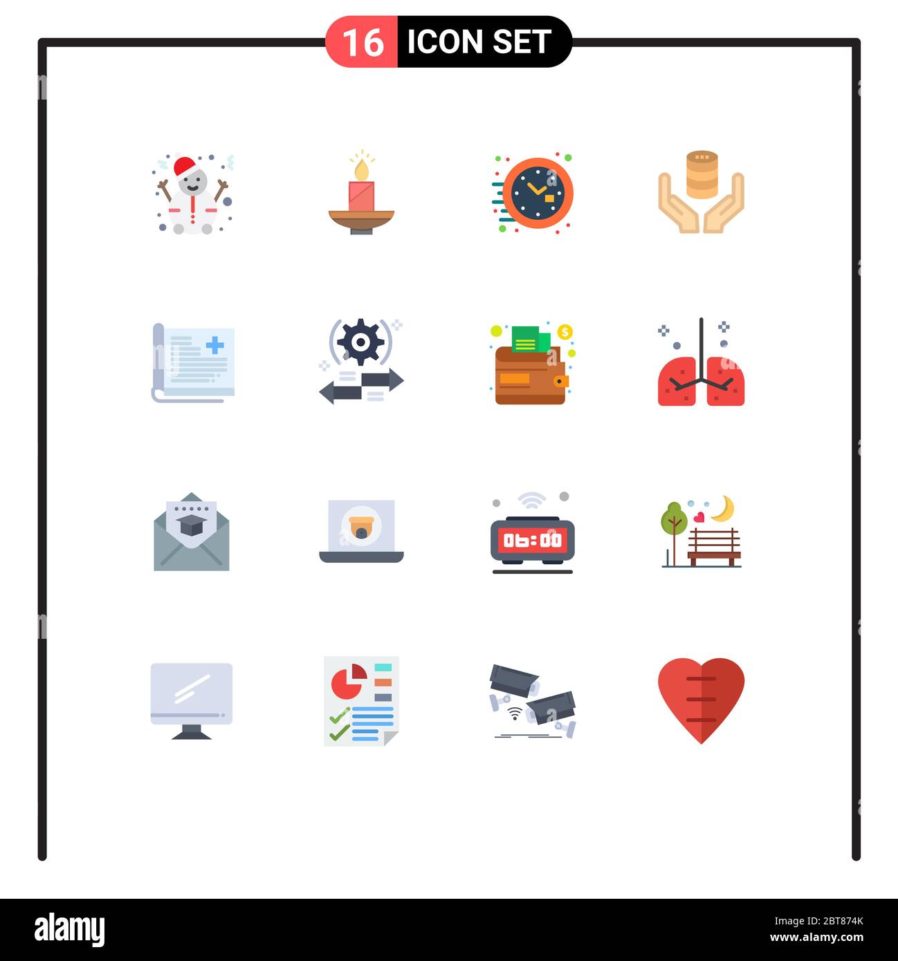 16 simboli universali di colore piatto simboli di sicuro, mano, luce, database, Time Editable Pack di elementi di disegno vettoriale creativi Illustrazione Vettoriale