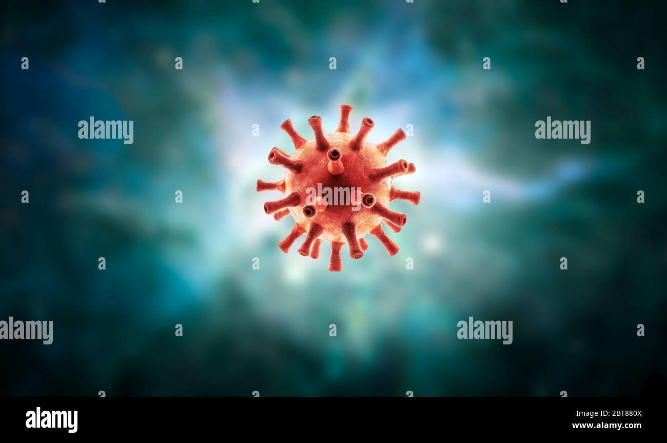 Virus all'interno di organismi su sfondo scuro, macro vista del nuovo virus SARS-COV-2 corona, rendering 3d. Concetto di ricerca sul coronavirus, pandemia COVID-19, Foto Stock