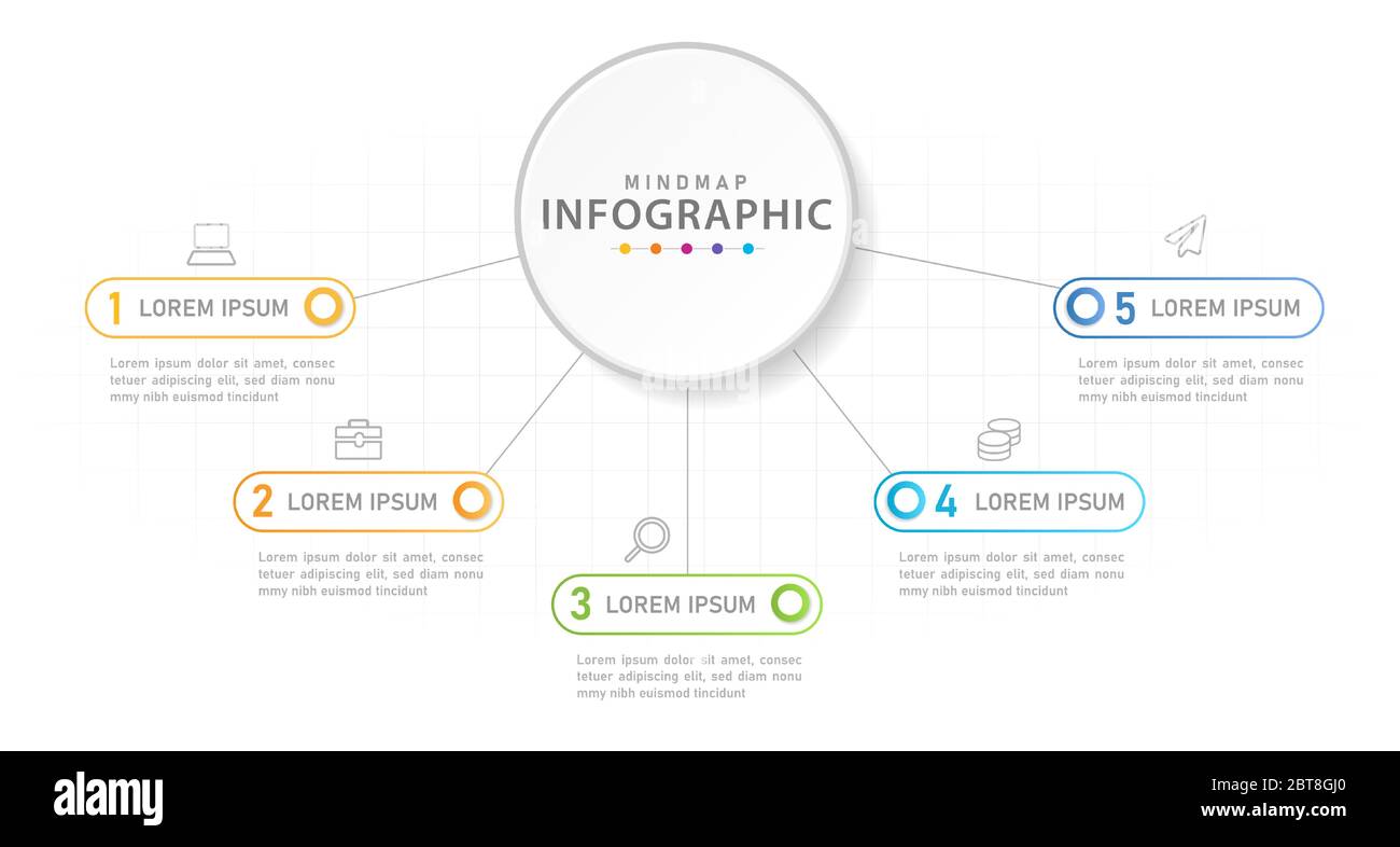Modello infografico per le aziende. Diagramma di mindmap a 5 passi con cerchio. Illustrazione Vettoriale