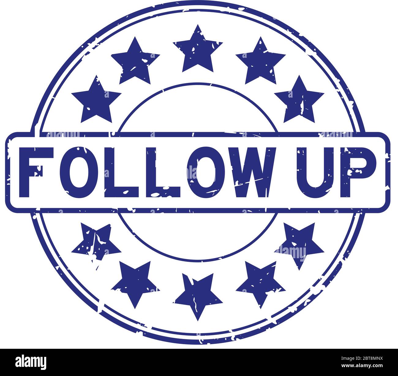 Grunge blu follow-up con icona a stella sigillo rotondo in gomma su sfondo bianco Illustrazione Vettoriale