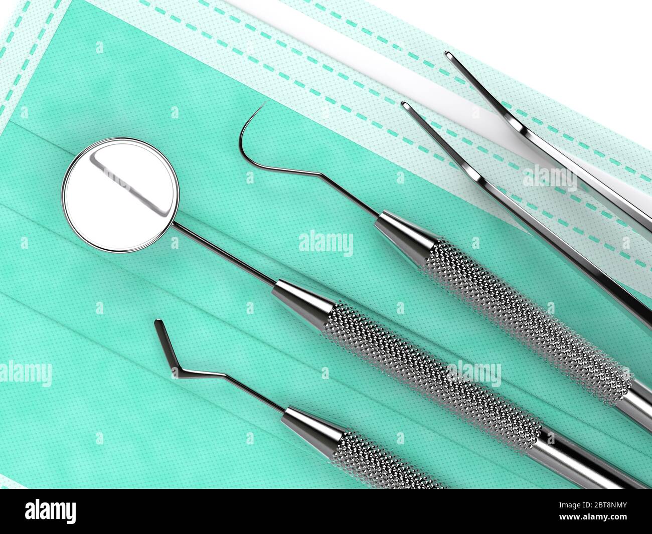 strumenti diagnostici dentali 3d su maschera protettiva su sfondo bianco Foto Stock