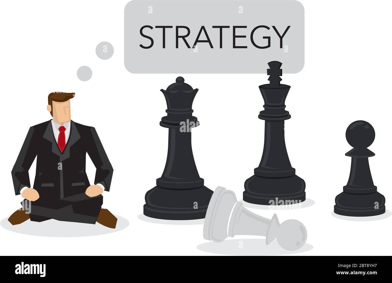 Uomo d'affari che siede su una scacchiera pensando alla strategia. Concetto di gestione della strategia, leadership e strategia aziendale. Illustri vettoriali isolati Illustrazione Vettoriale