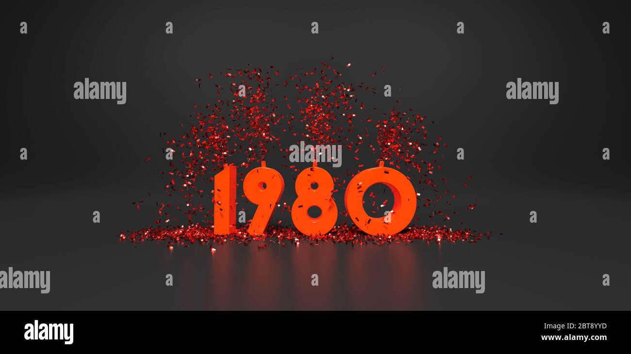 1980 testo arancione con coriandoli su sfondo grigio scuro rendering 3D Foto Stock
