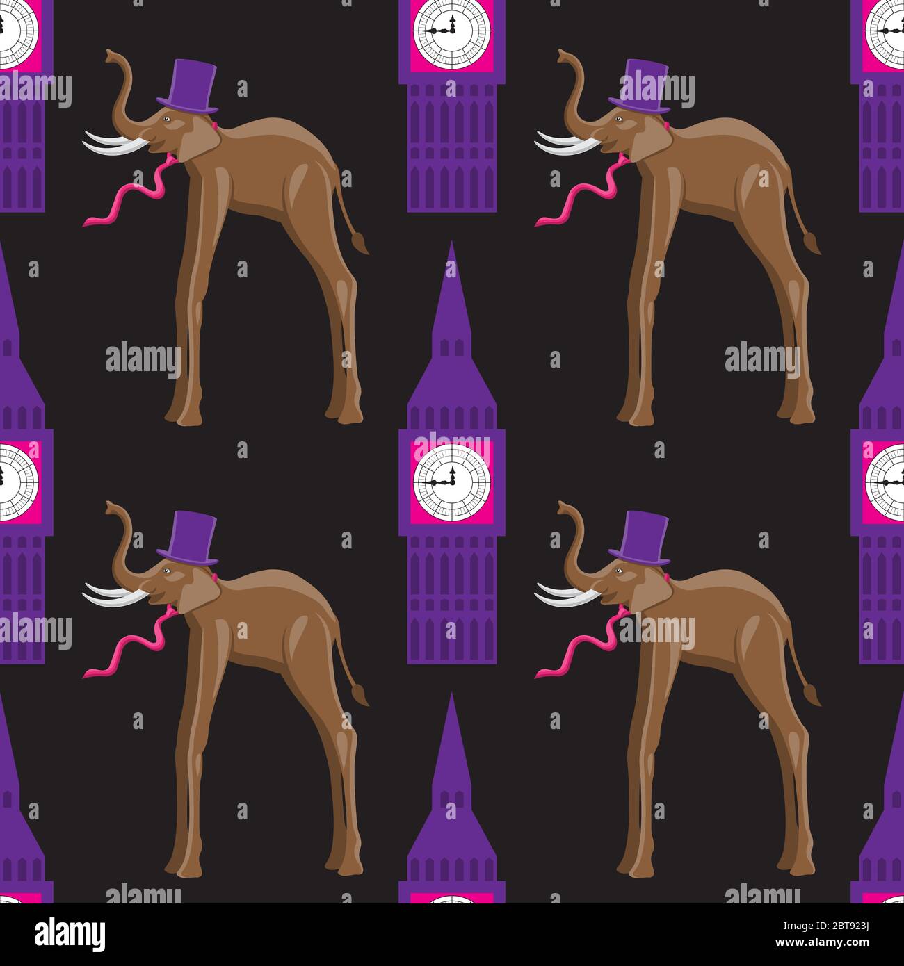 modello di elefante senza cuciture nel cappello e legare l'edificio con l'orologio su uno sfondo nero. Immagine vettoriale Illustrazione Vettoriale