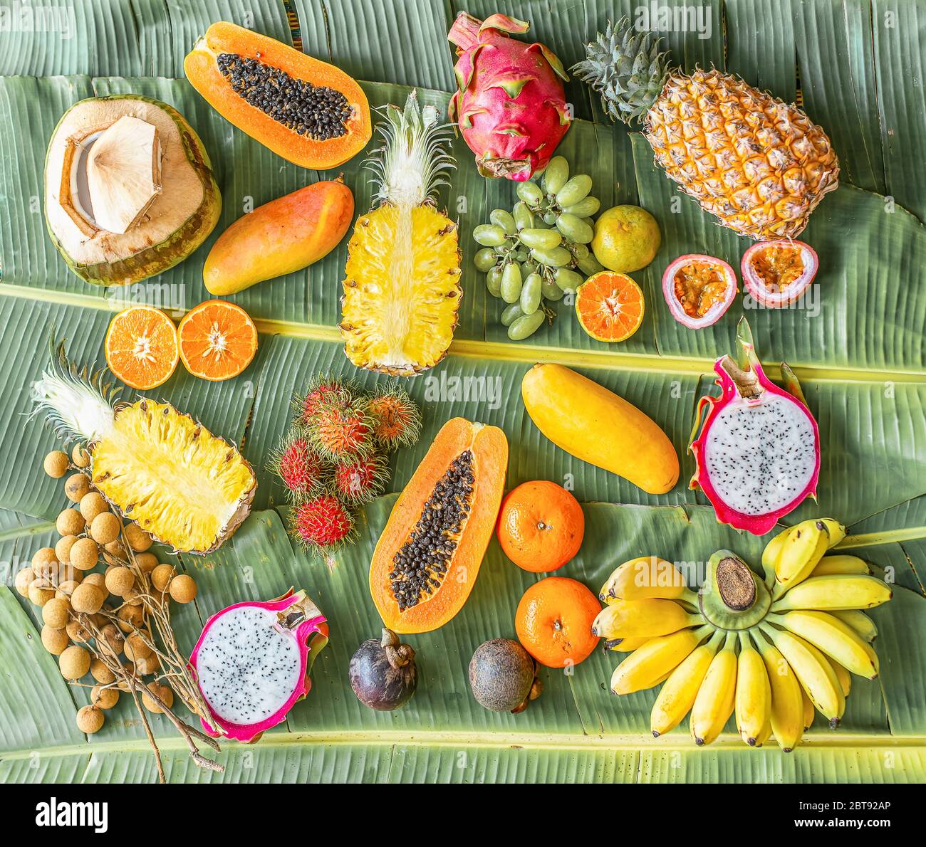 Frutti esotici su foglie di banana sfondo - papaia, mango, ananas, banana, carambola, frutti di drago, limone, arancio, melone d'acqua, cocco, rambutano, Foto Stock