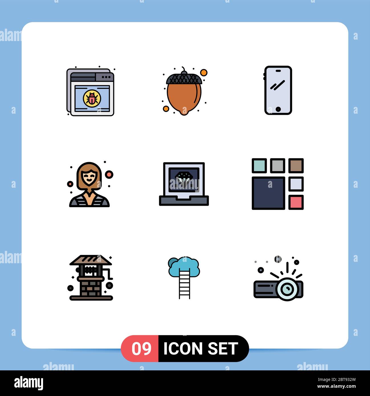 Set di 9 icone moderne dell'interfaccia utente simboli per codifica, donna, telefono, industria, elementi di progettazione vettoriale editabili per iphone Illustrazione Vettoriale