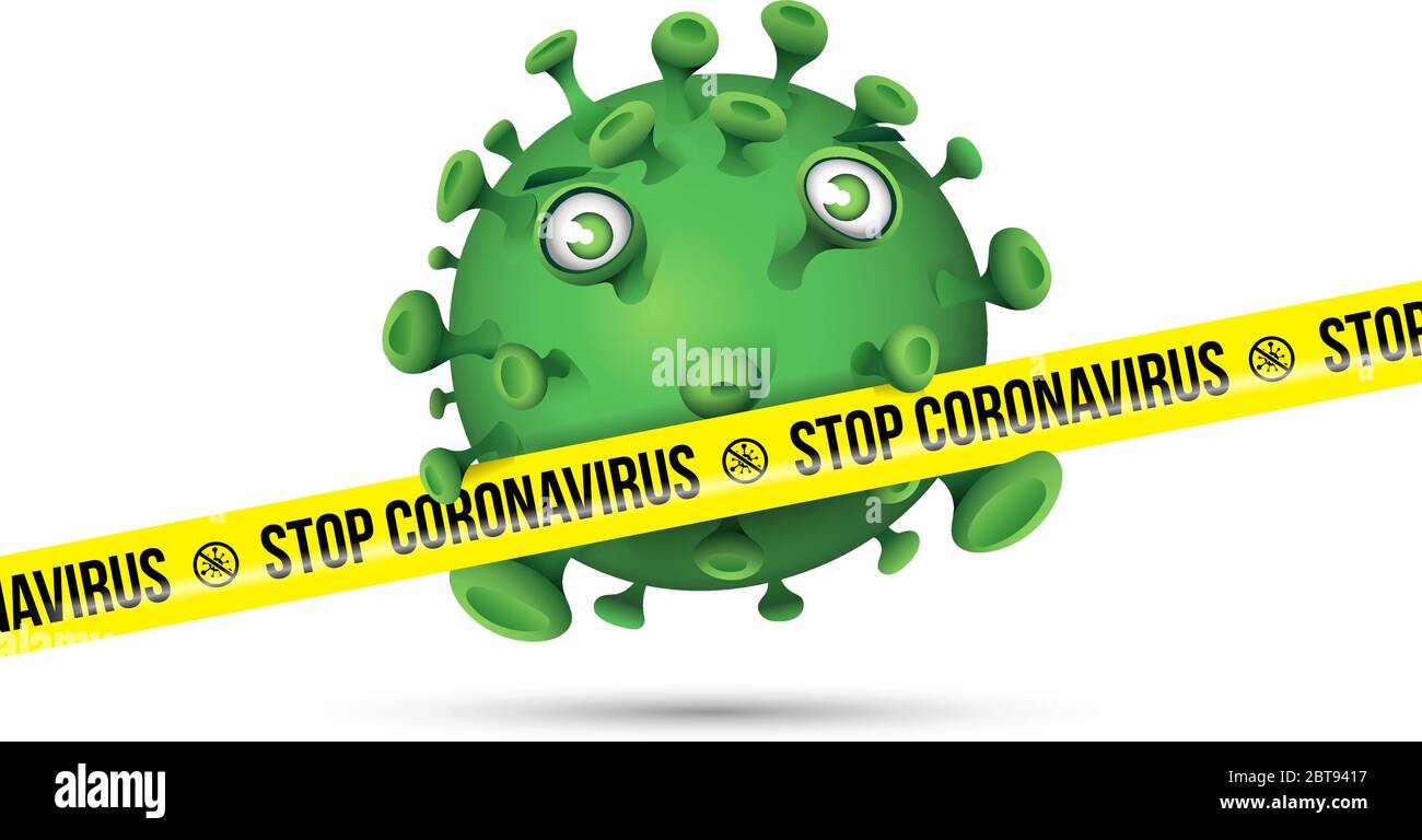 Virus verde dietro nastro barriera giallo con impronta - Stop Coronavirus Illustrazione Vettoriale