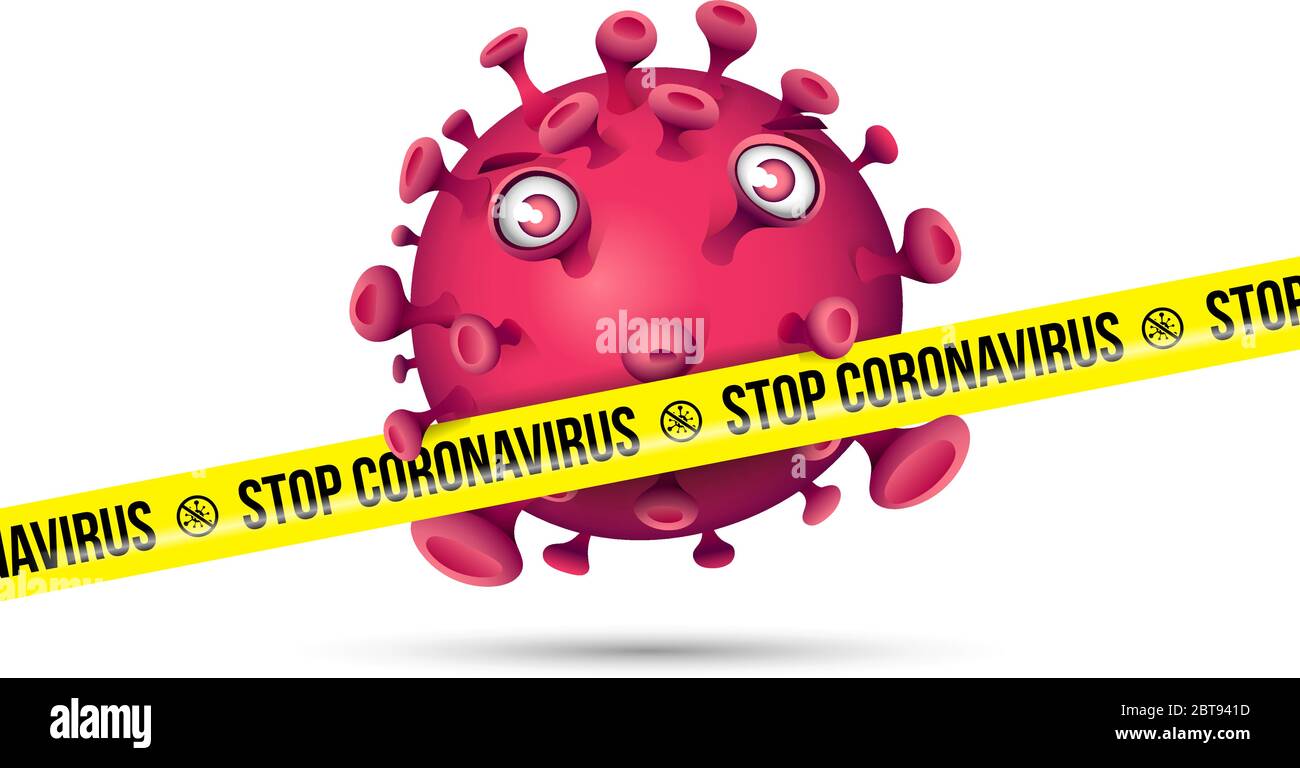 Virus rosso porpora dietro nastro barriera giallo con impronta - Stop Coronavirus Illustrazione Vettoriale