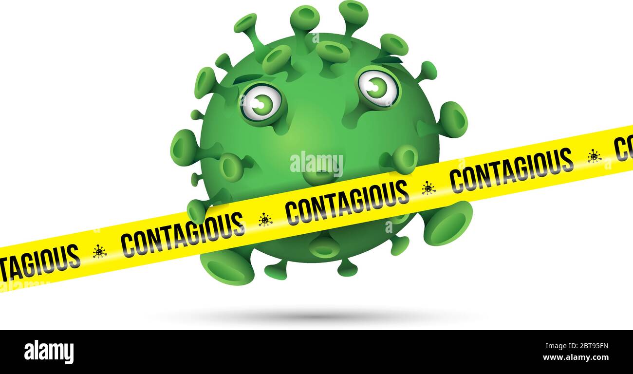 Un virus verde carino stile cartoon dietro un nastro di sicurezza giallo con il messaggio - contagioso Illustrazione Vettoriale