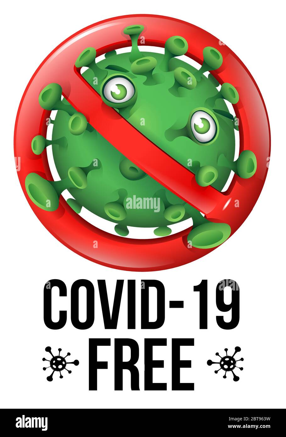 Cartello di Proibizione con il virus verde divertente - Covid-19 libero Illustrazione Vettoriale