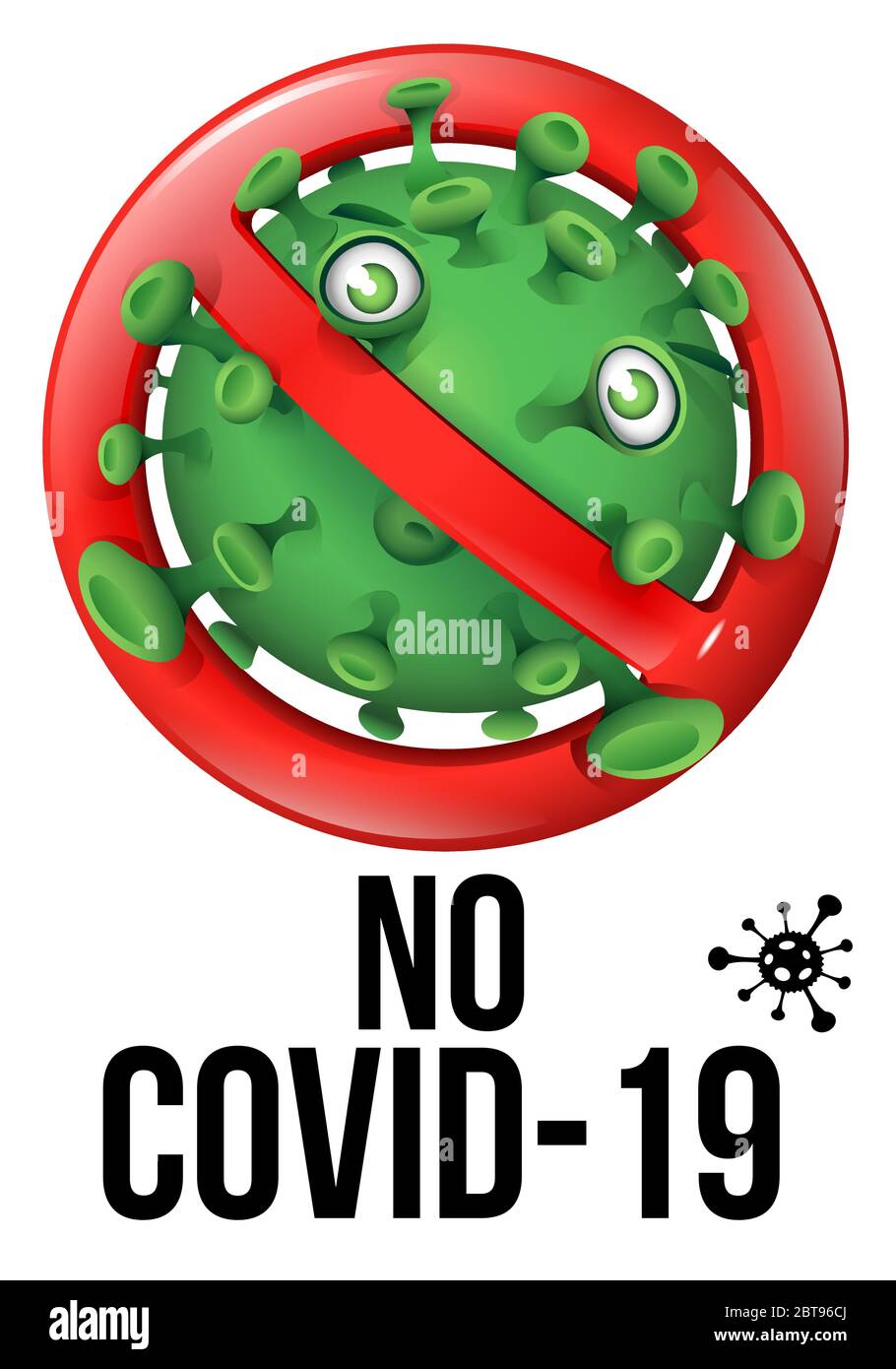 Un segno di divieto con un simpatico virus verde divertente - No Covid-19 Illustrazione Vettoriale