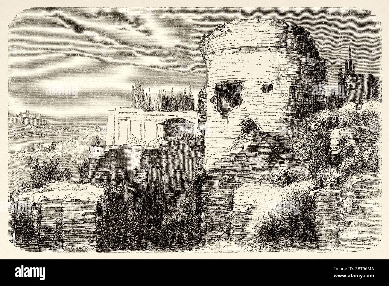 Antica torre palatina sul Circo massimo, Roma. Italia, Europa. Viaggio a Roma di Francis Wey 19 ° secolo Foto Stock