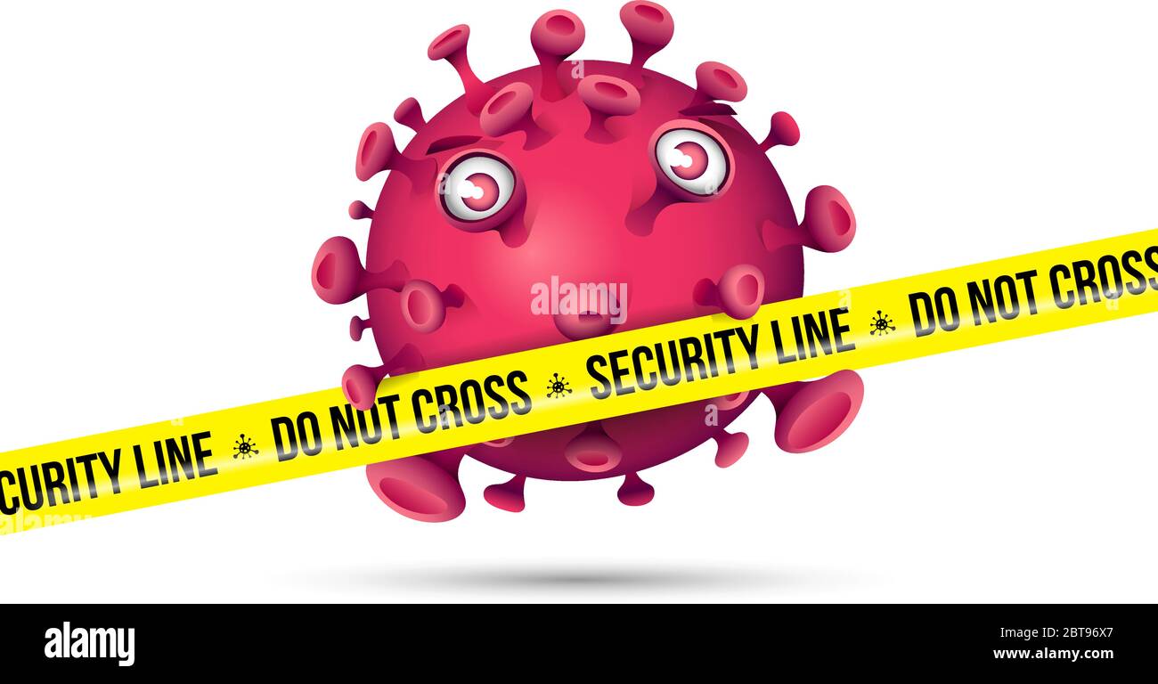 Un rosso carino virus stile cartoon dietro un nastro di sicurezza giallo con il messaggio - Security Line non attraversare Illustrazione Vettoriale