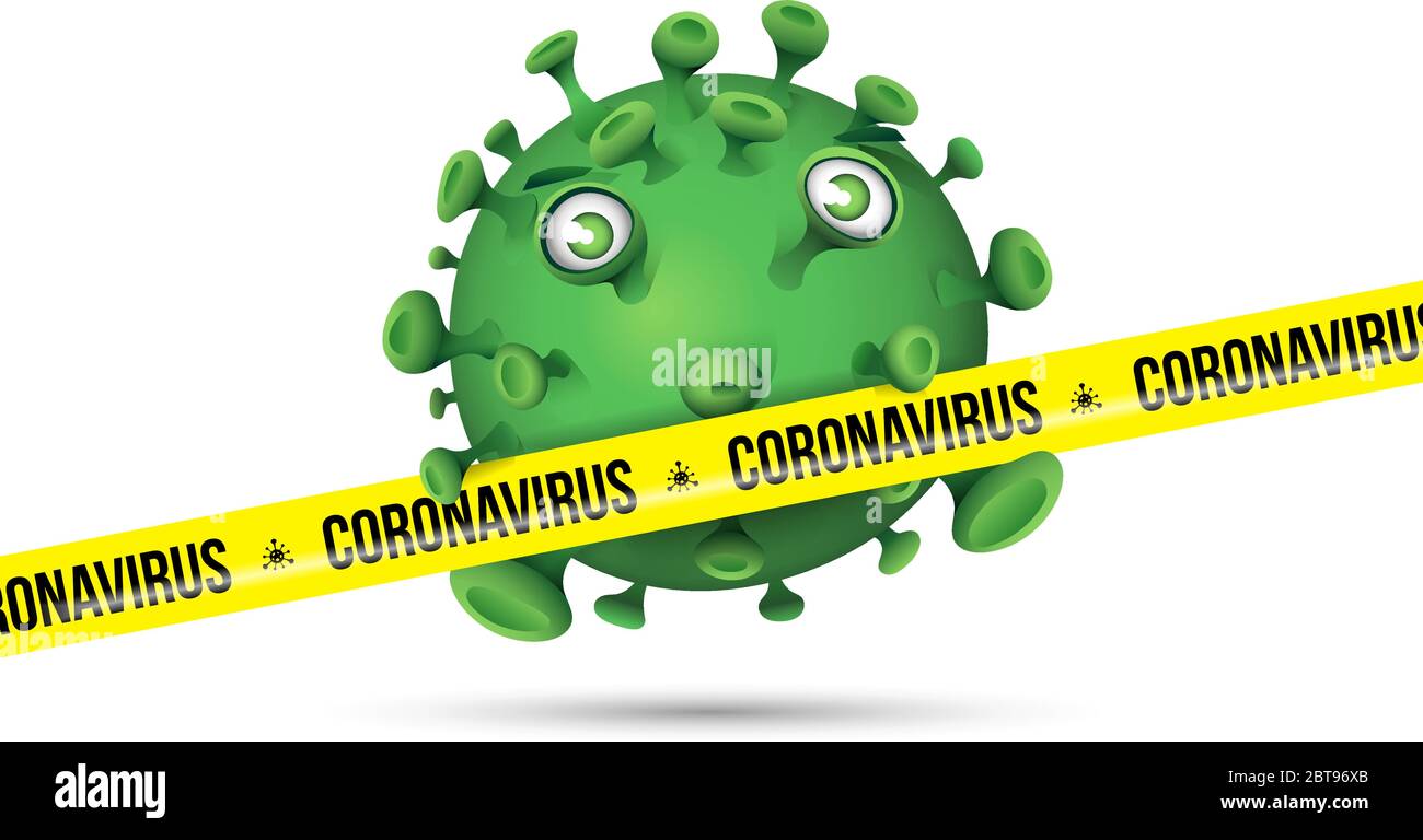Un virus verde carino stile cartoon dietro un nastro di sicurezza giallo con il messaggio - Coronavirus Illustrazione Vettoriale
