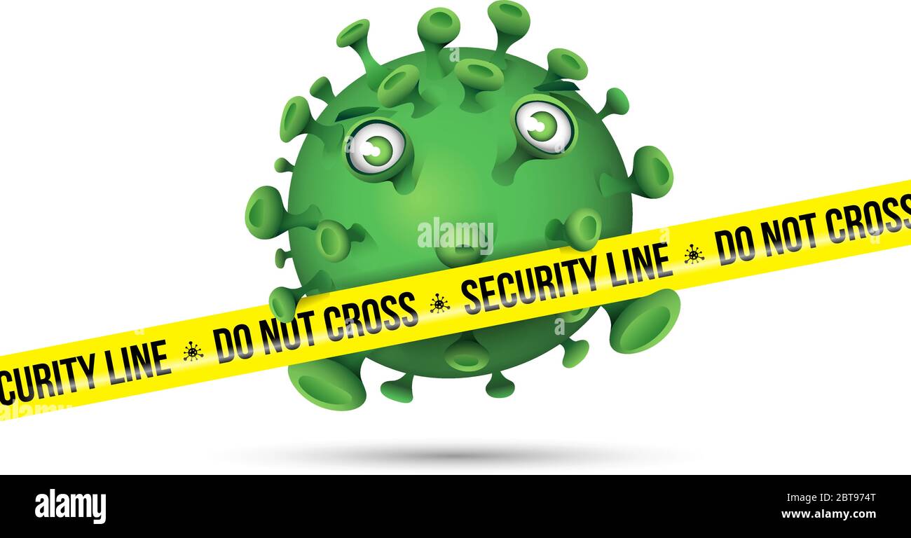 Un virus verde carino stile cartoon dietro un nastro di sicurezza giallo con il messaggio - Security Line non attraversare Illustrazione Vettoriale