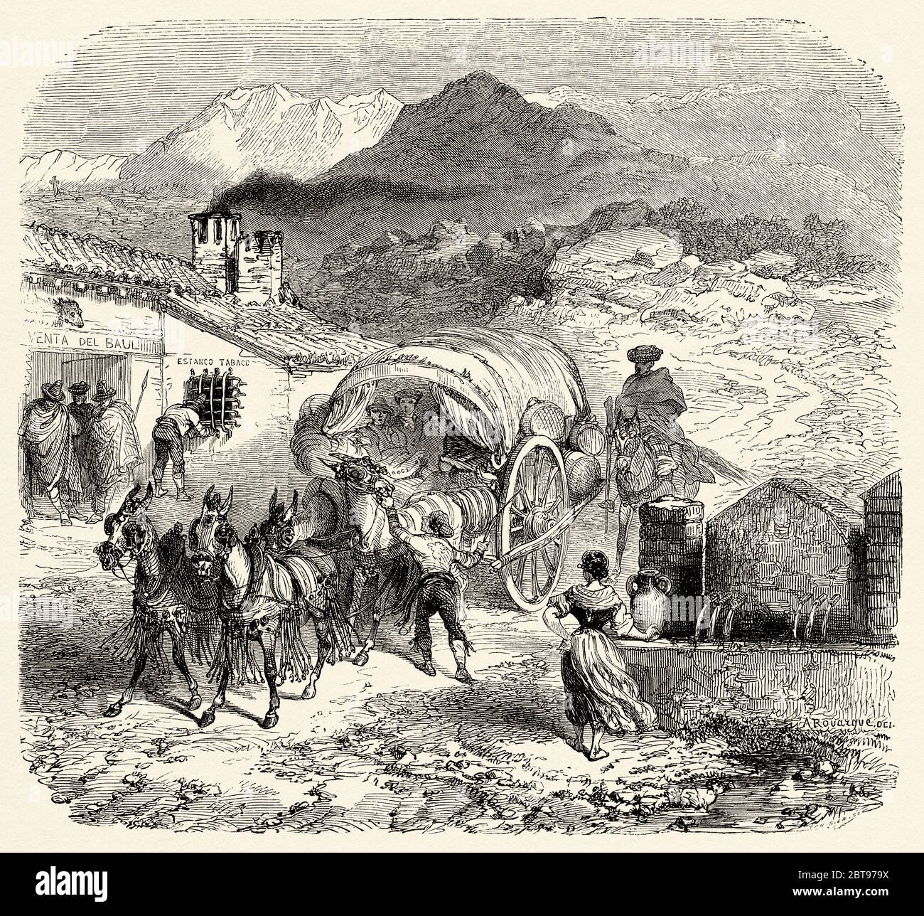 Passeggeri in una carrozza trainata da cavalli, che arrivano a un'locanda venta in Sierra Nevada, provincia di Granada. Andalusia, Spagna, Europa. Illustrazione incisa del 19 ° secolo, El Mundo en la mano 1878 Foto Stock