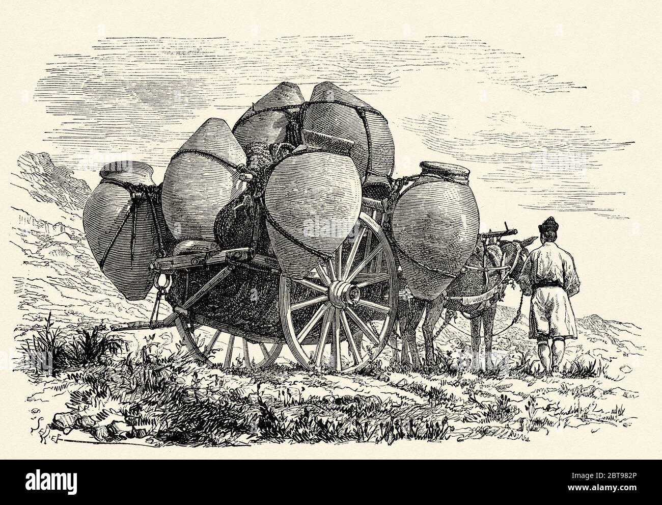 Uomo che porta vasi tradizionali in ceramica in un carrello, Murcia. Spagna, Europa. Illustrazione incisa del 19 ° secolo, El Mundo en la mano 1878 Foto Stock