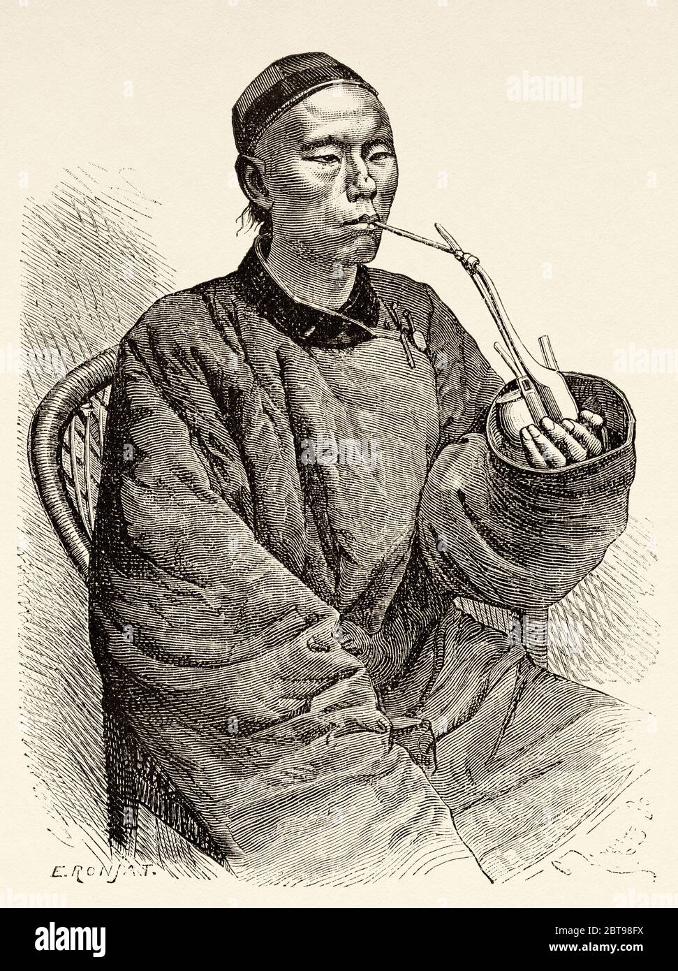 Tientsin borghese che fuma un tubo, Cina. Illustrazione incisa del 19 ° secolo, viaggio a Pechino e Cina del Nord 1873 Foto Stock