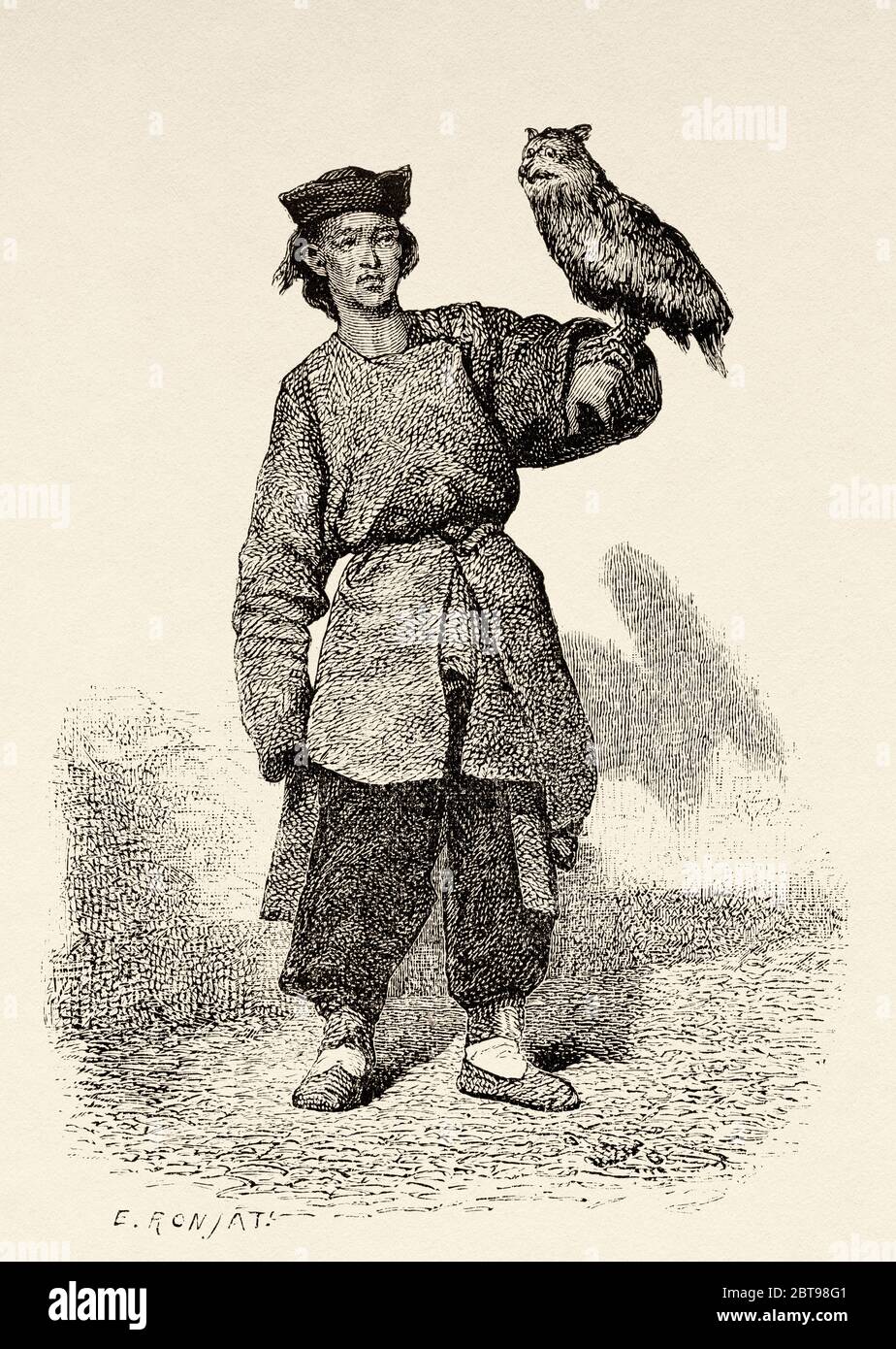 Falconer, Cina. Illustrazione incisa del 19 ° secolo, viaggio a Pechino e Cina del Nord 1873 Foto Stock