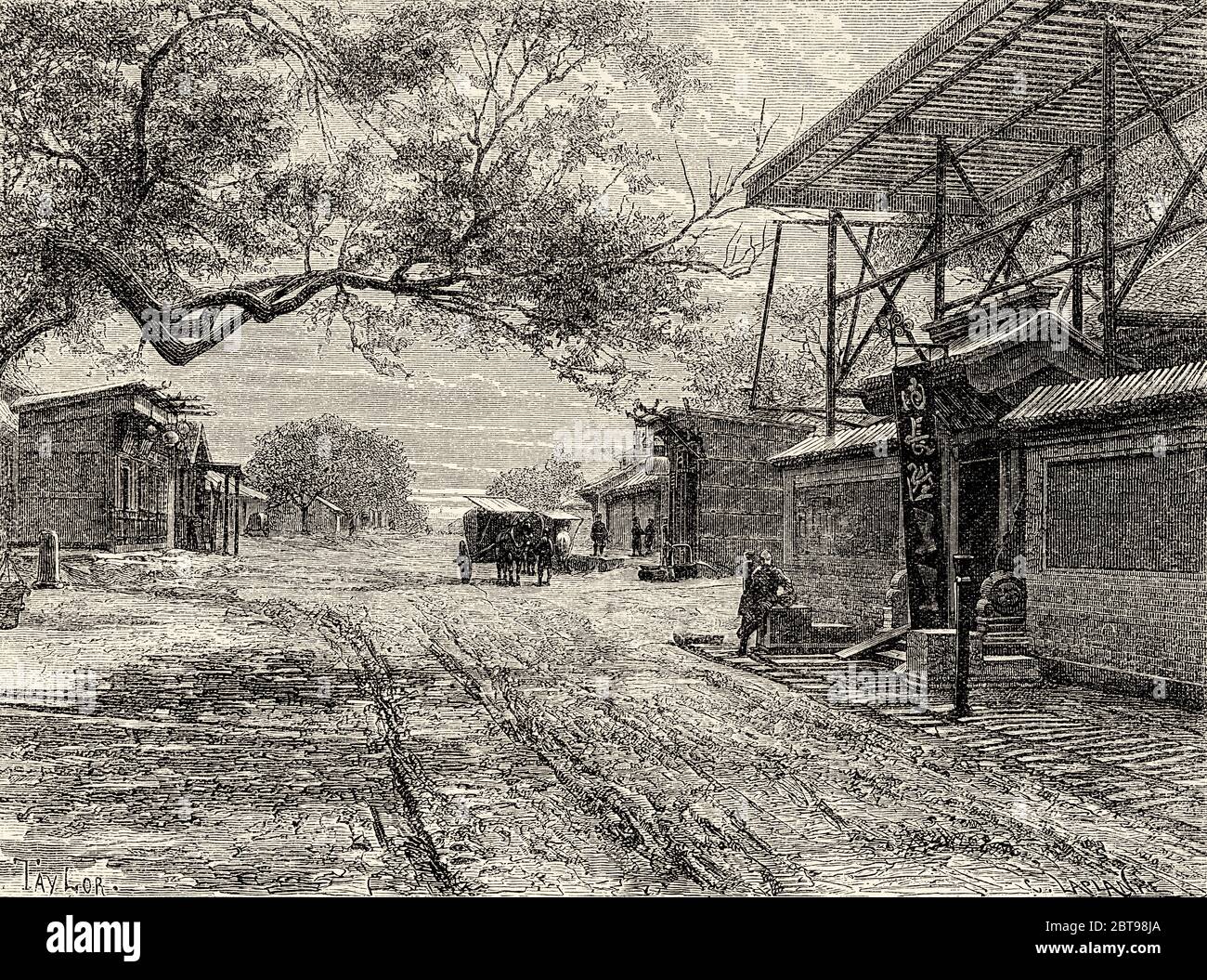 Road of the French Legation, Pechino, Cina. Illustrazione incisa del 19 ° secolo, viaggio a Pechino e Cina del Nord 1873 Foto Stock