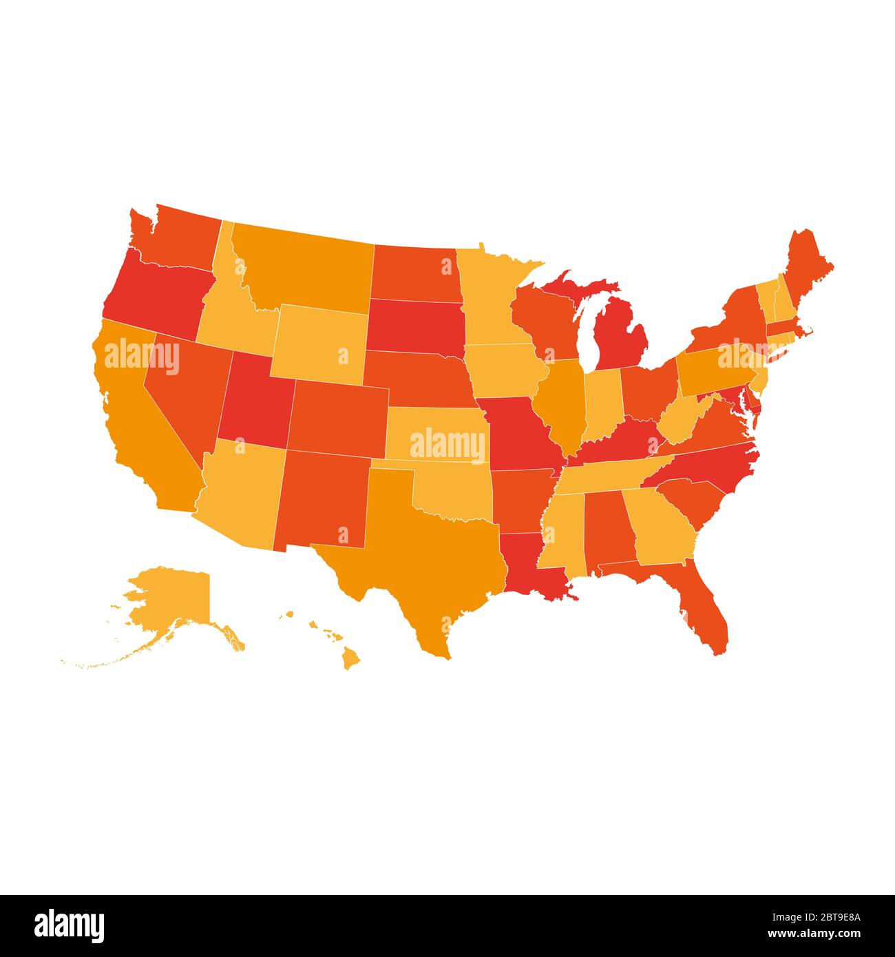 Mappa degli Stati Uniti, mappa degli Stati Uniti nella tavolozza dei colori arancione, tutti gli stati sono separati. Foto Stock