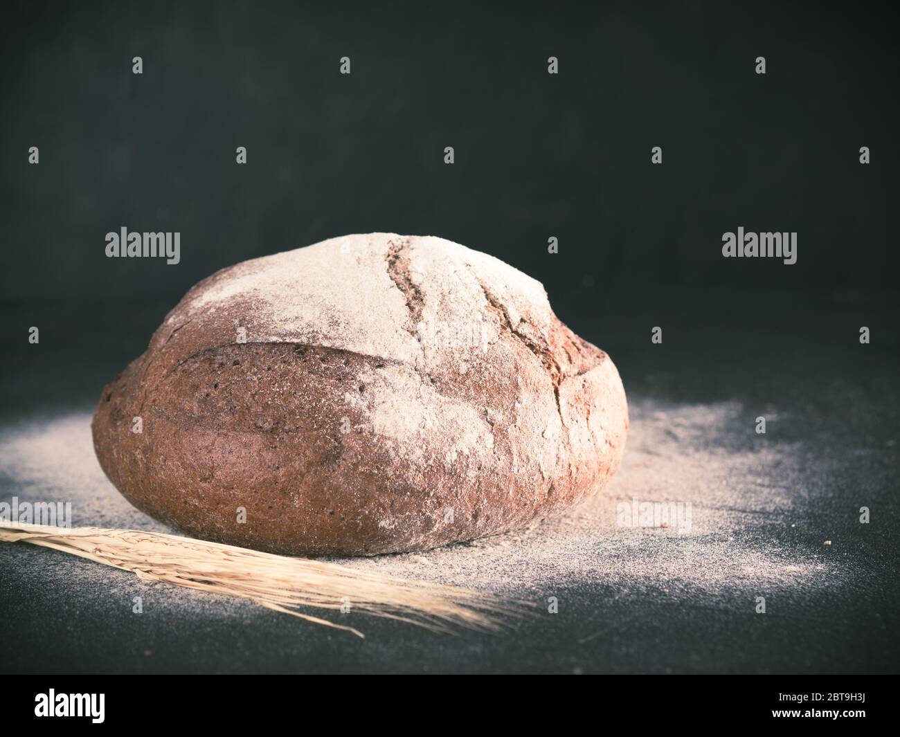 Pane di segale con pasta intera fatta in casa con punta di segale e farina di segale e su fondo nero testurizzato. Spazio di copia. Tasto basso Foto Stock