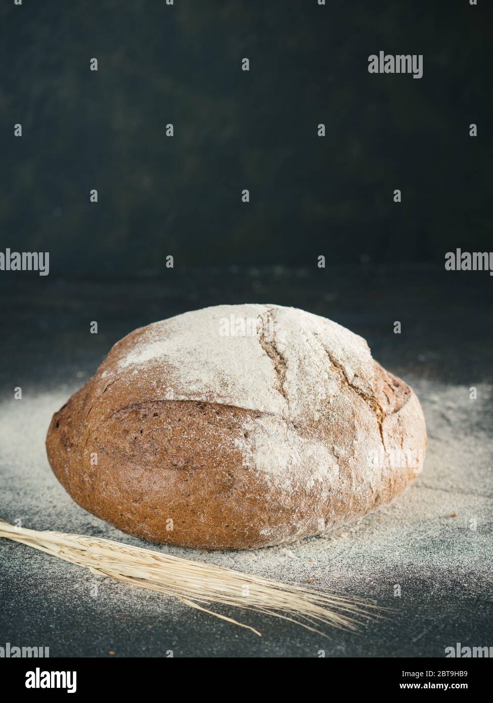 Pane di segale con pasta intera fatta in casa con punta di segale e farina di segale e su fondo nero testurizzato. Spazio di copia. Tasto basso Foto Stock