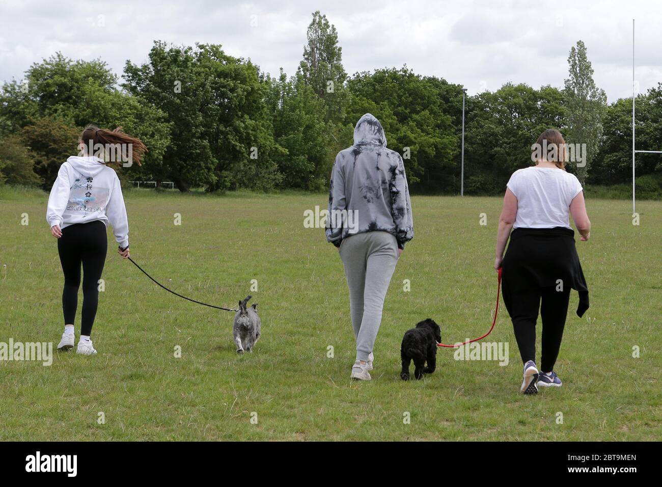 Un gruppo di famiglie che cammina i loro cani mentre escono per il loro esercizio quotidiano vicino al club di rugby a Braintree durante la pandemia COVID-19 e il blocco Foto Stock