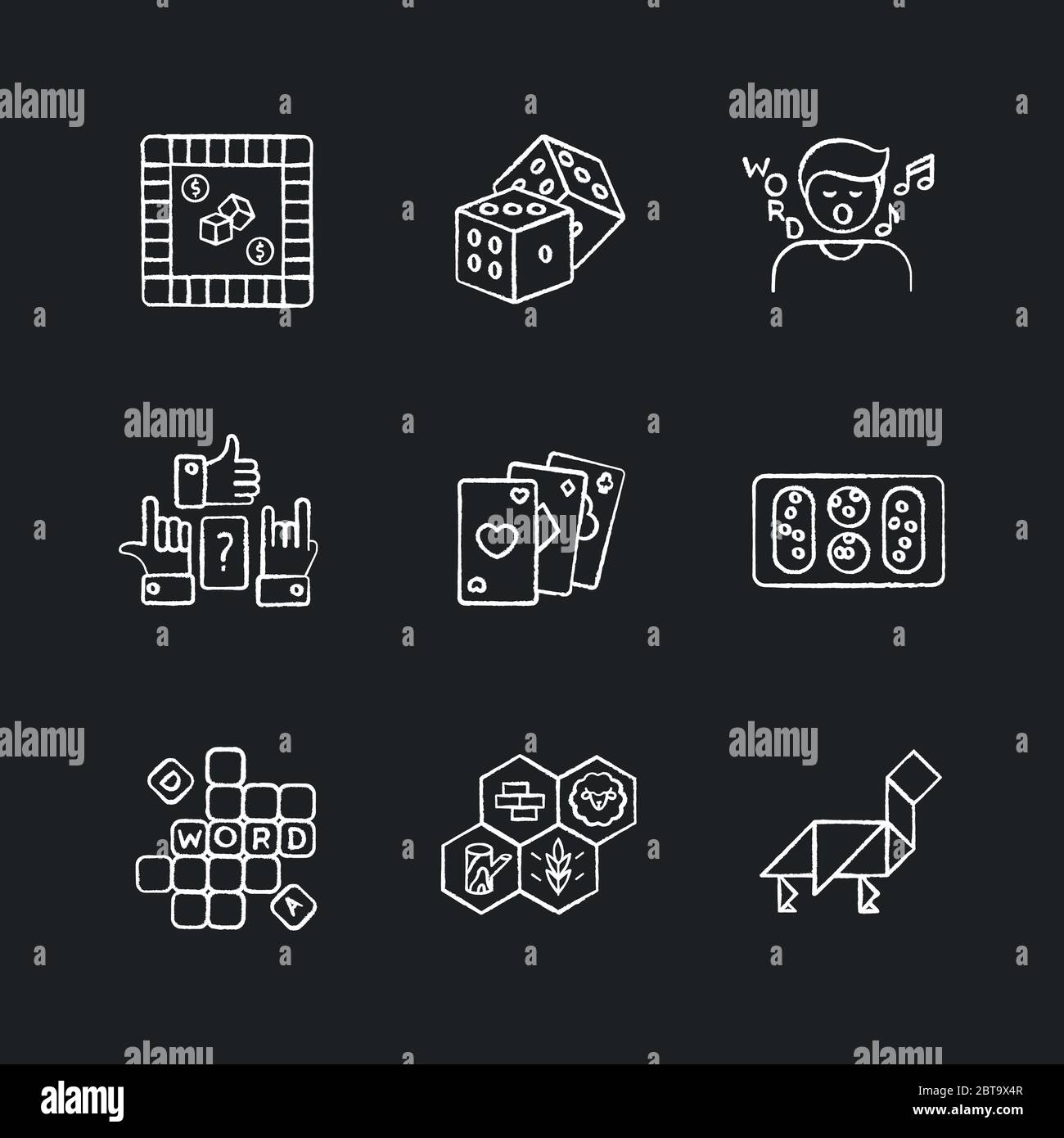 Giochi divertenti icone bianco gesso impostato su sfondo nero Illustrazione Vettoriale