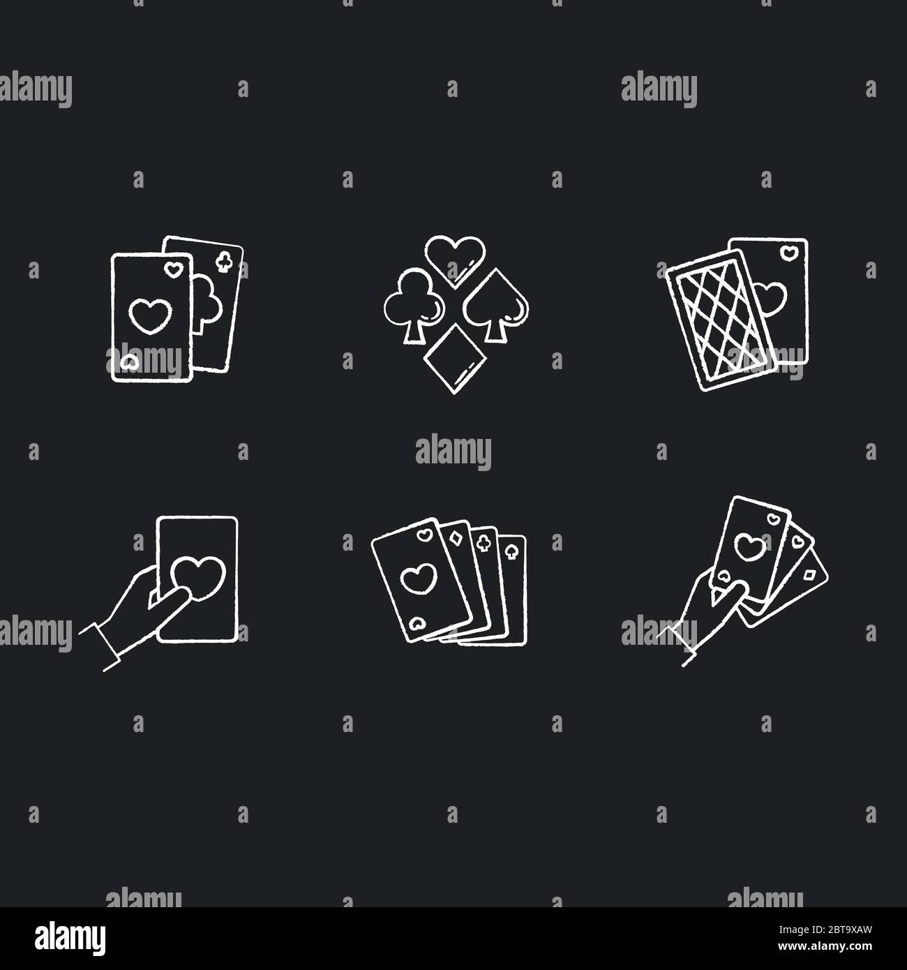 Giochi di carte icone bianche gesso su sfondo nero Illustrazione Vettoriale