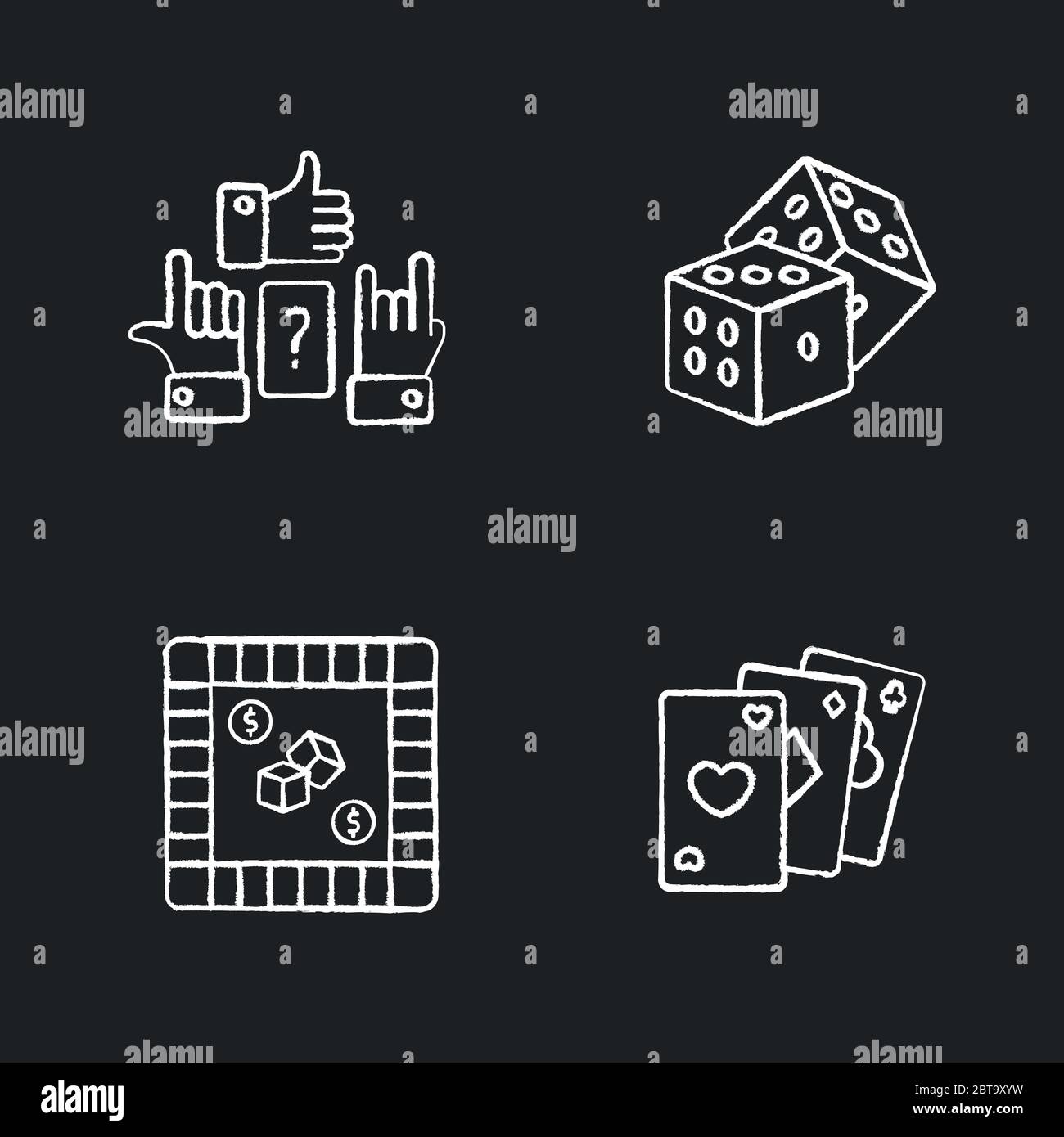 Giochi divertenti icone bianche gesso set su sfondo nero Illustrazione Vettoriale