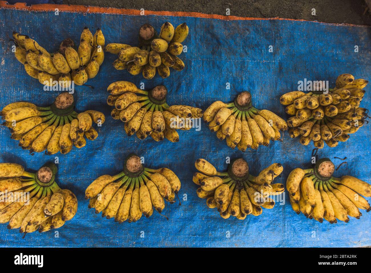 Vista dall'alto su una Banana da vendere sul mercato Bac ha, Vietnam Foto Stock