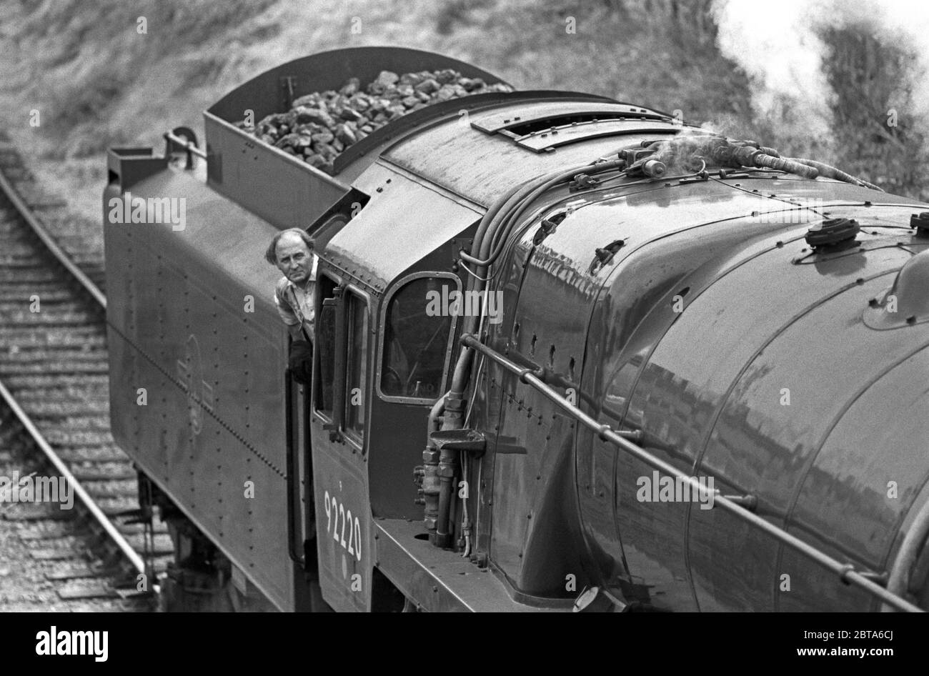 Treno a vapore della locomotiva Evening Star sulla West Somerset Heritage Railway, Somerset, Inghilterra Foto Stock