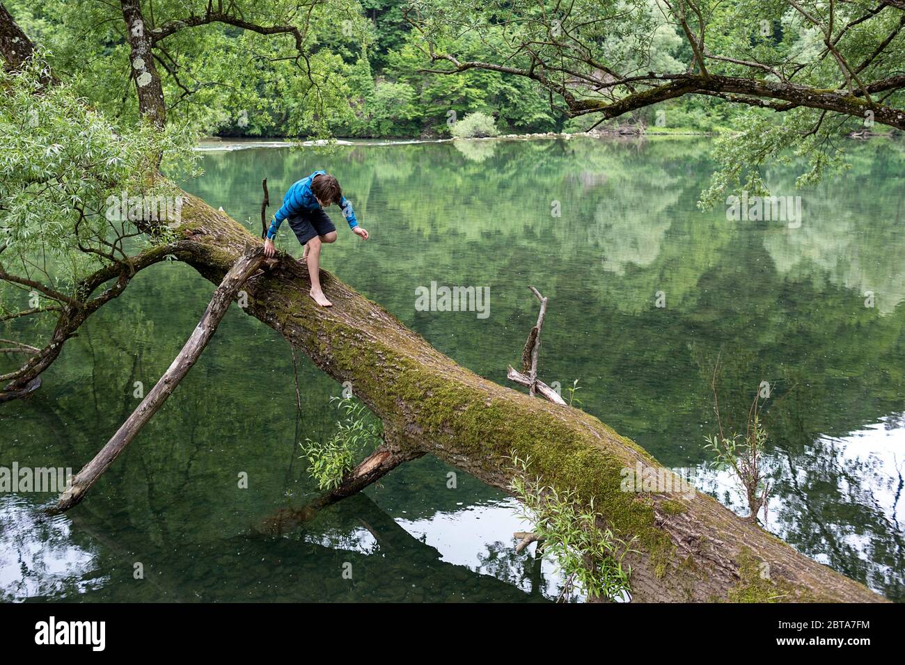 Ragazzo che sale su un tronco di albero vicino ad un fiume Foto Stock
