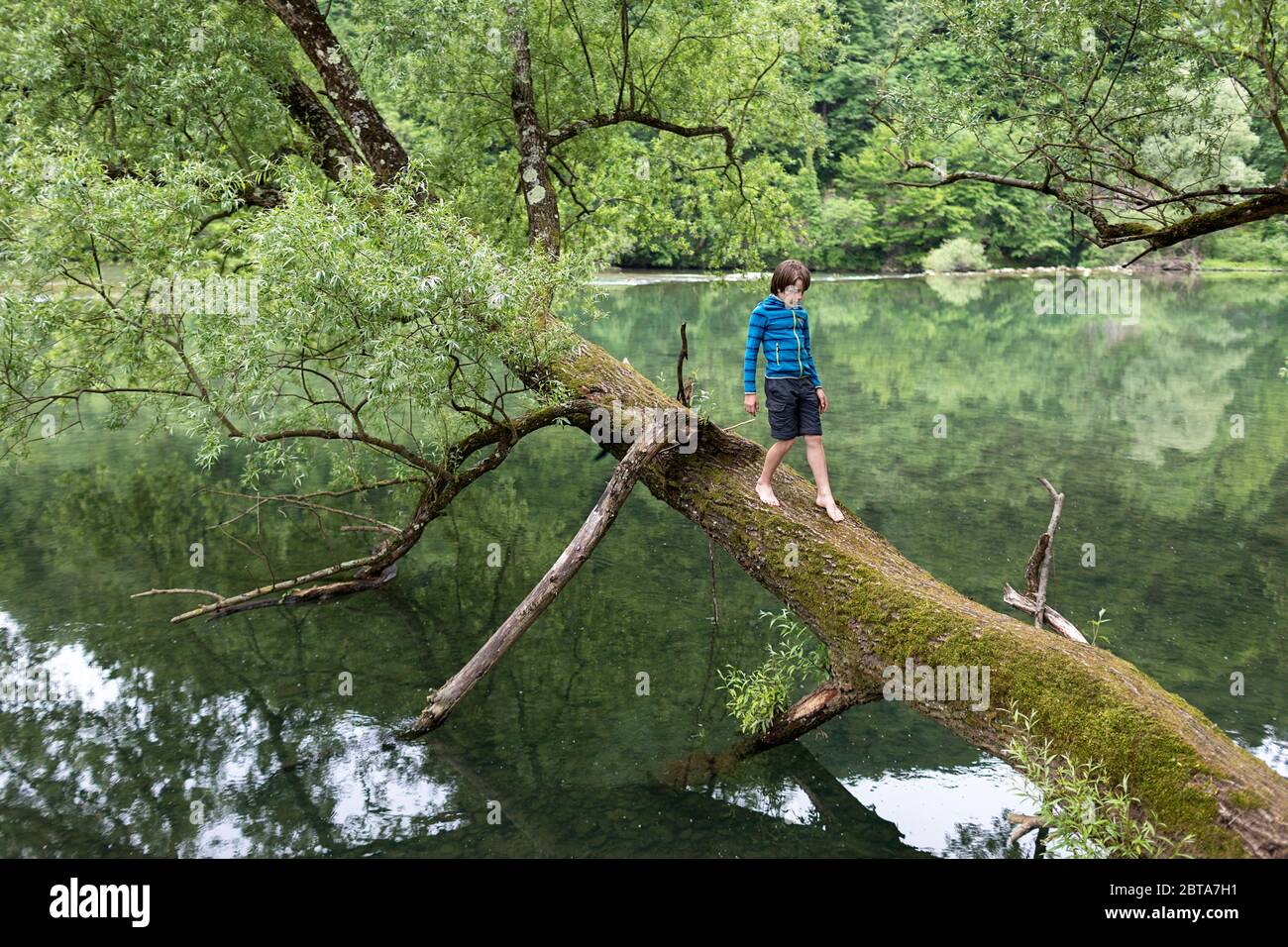 Ragazzo che sale su un tronco di albero vicino ad un fiume Foto Stock