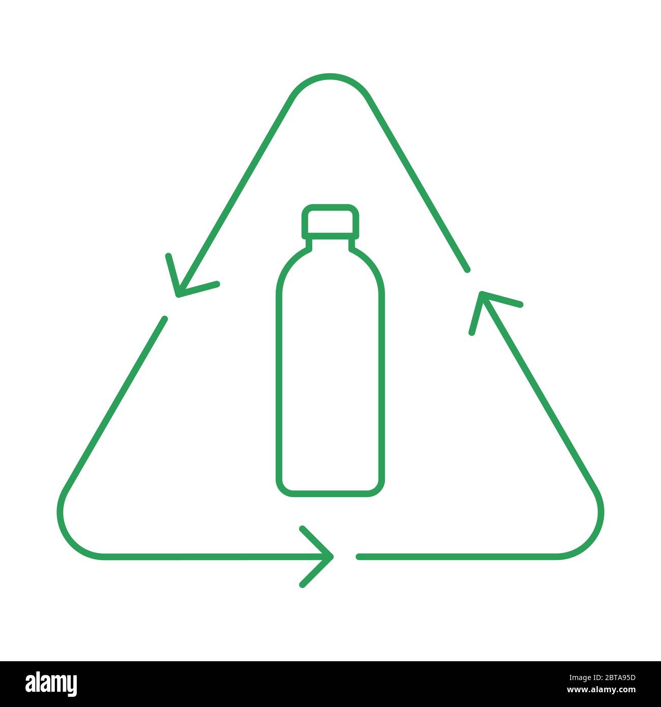 Icona a linea sottile del flacone di riciclo. Bottiglia di plastica in un triangolo con frecce. Cartello flacone in vetro riutilizzabile. Contorno verde su sfondo bianco. Vettore Illustrazione Vettoriale
