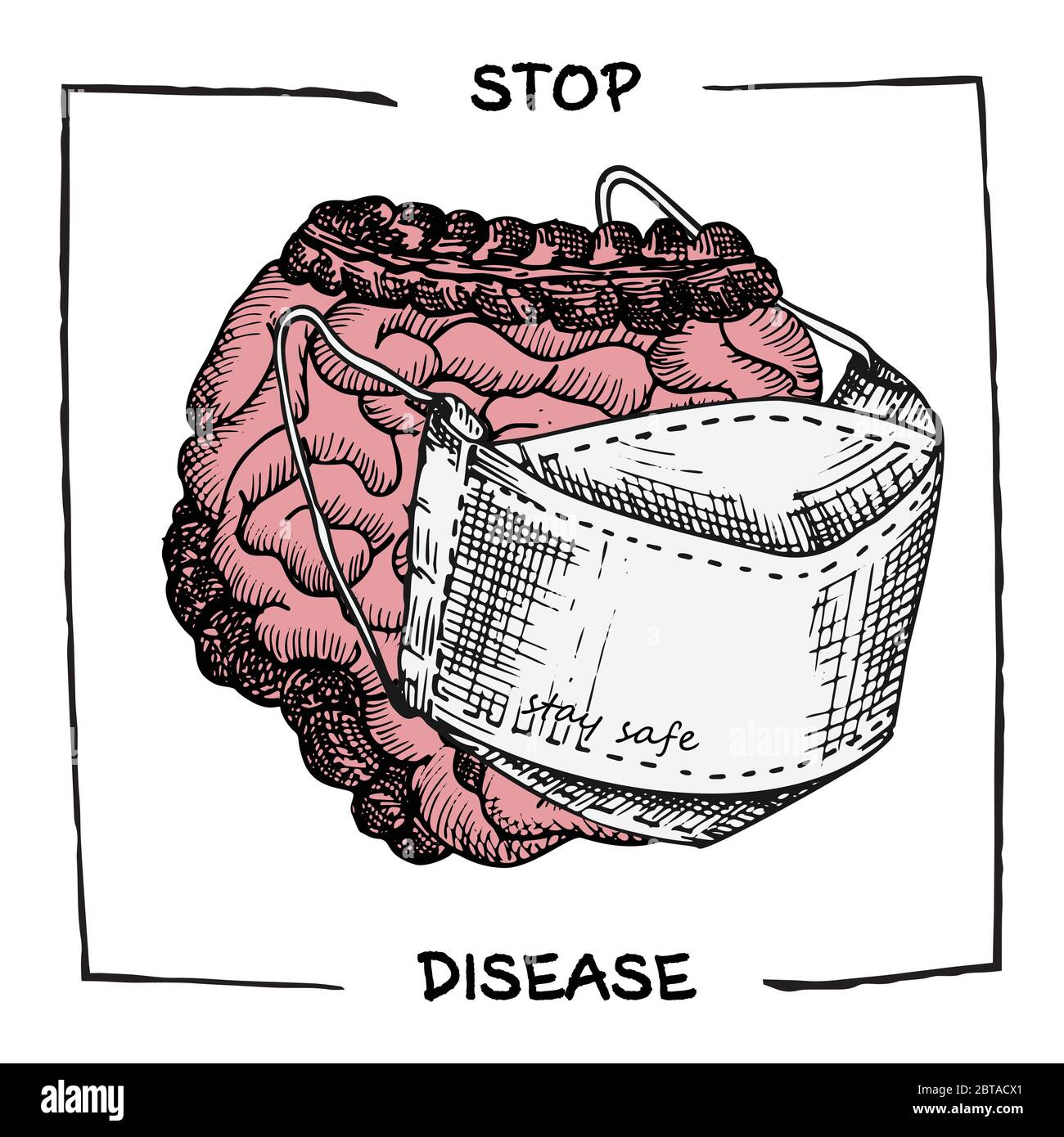 Intestini con maschera medica. Icona realistica disegnata a mano degli organi interni umani. Incisione art. Stile di schizzo. Concetto di design per il vostro medico Illustrazione Vettoriale