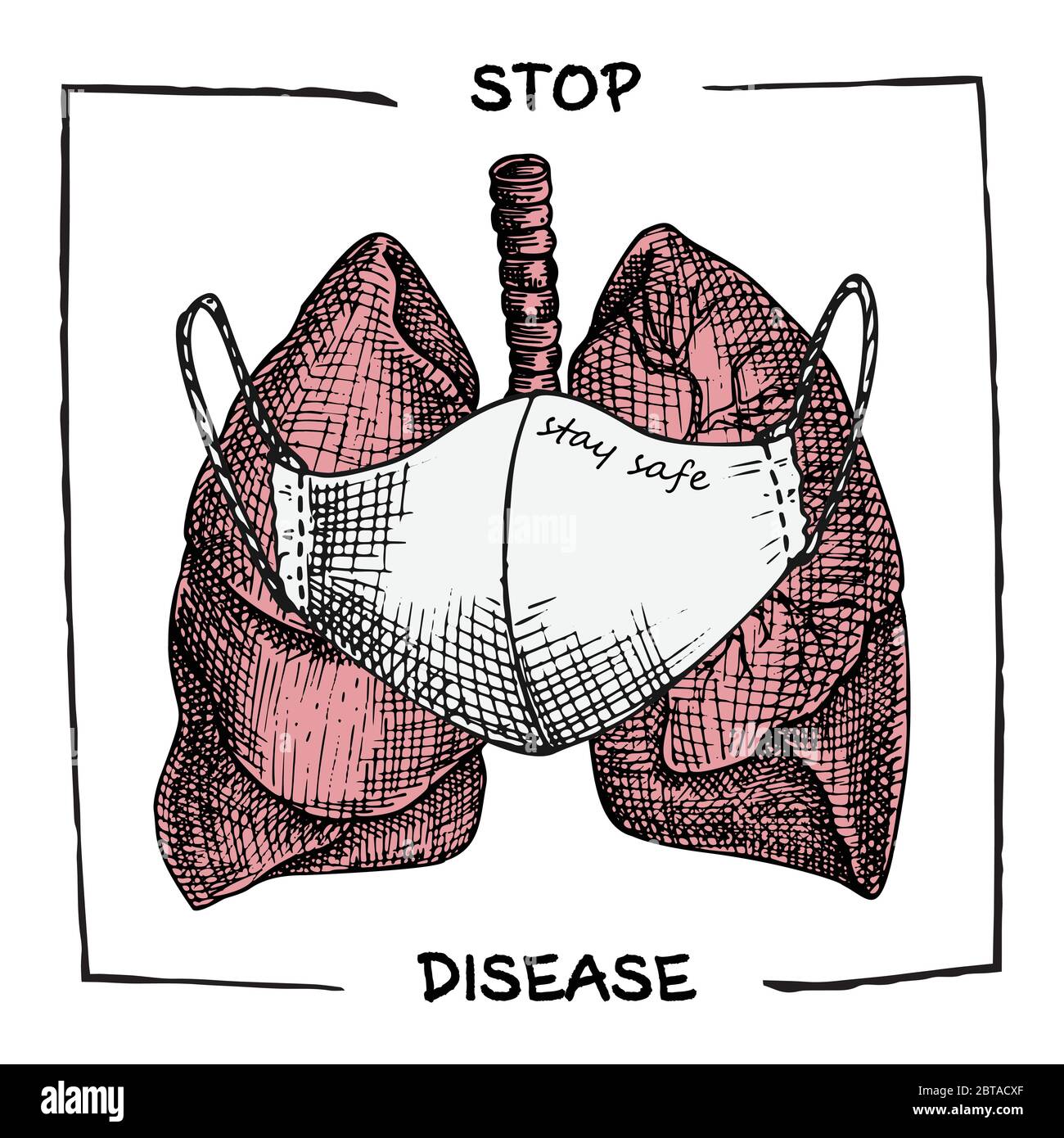 Polmoni con maschera medica. Icona realistica disegnata a mano degli organi interni umani. Incisione art. Stile di schizzo. Progettazione per i progetti medici Illustrazione Vettoriale